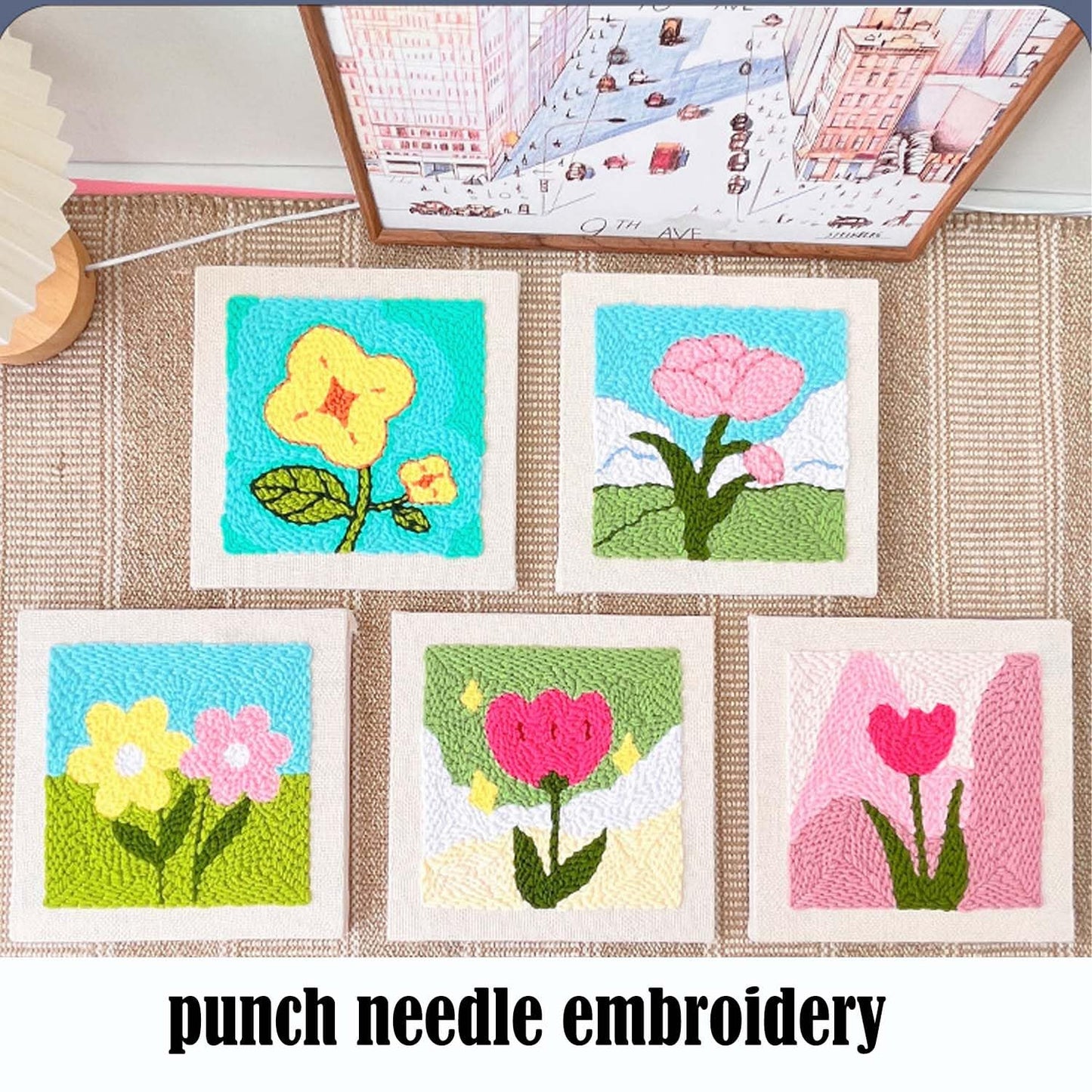 Allazone Punch Needle Embroidery Kit, Square Frame with Green and Pink Tulip Pattern, Includes Frame, Stand, Punch Needle, Scissors, Yarns, Adults Beginner Friendly