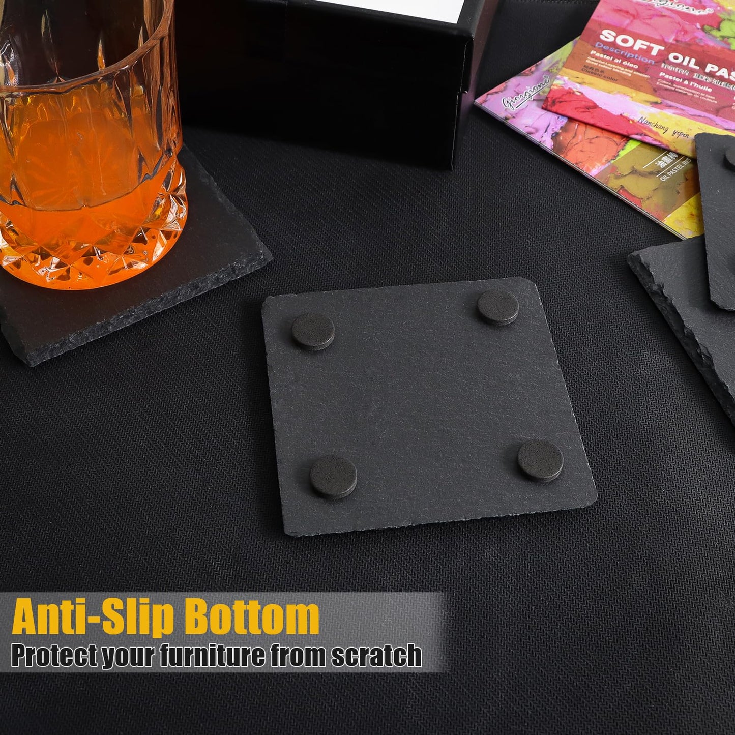 60 Pack Slate Drink Coasters, VIBRATITE 4 Inch Black Slate Stone Coasters Bulk Cup Coaster Laser Engraving Blanks with Anti-Scratch Bottom for Drink Coffee Bar Kitchen Home Decor, Square