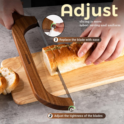XJHEYLZ Sourdough bread knife,Bread Slicer for Homemade Bread,Adjustable blade tightness for Even Slicing, Serrated knife,Wooden Bread cutter with Bow Design (3, brown)