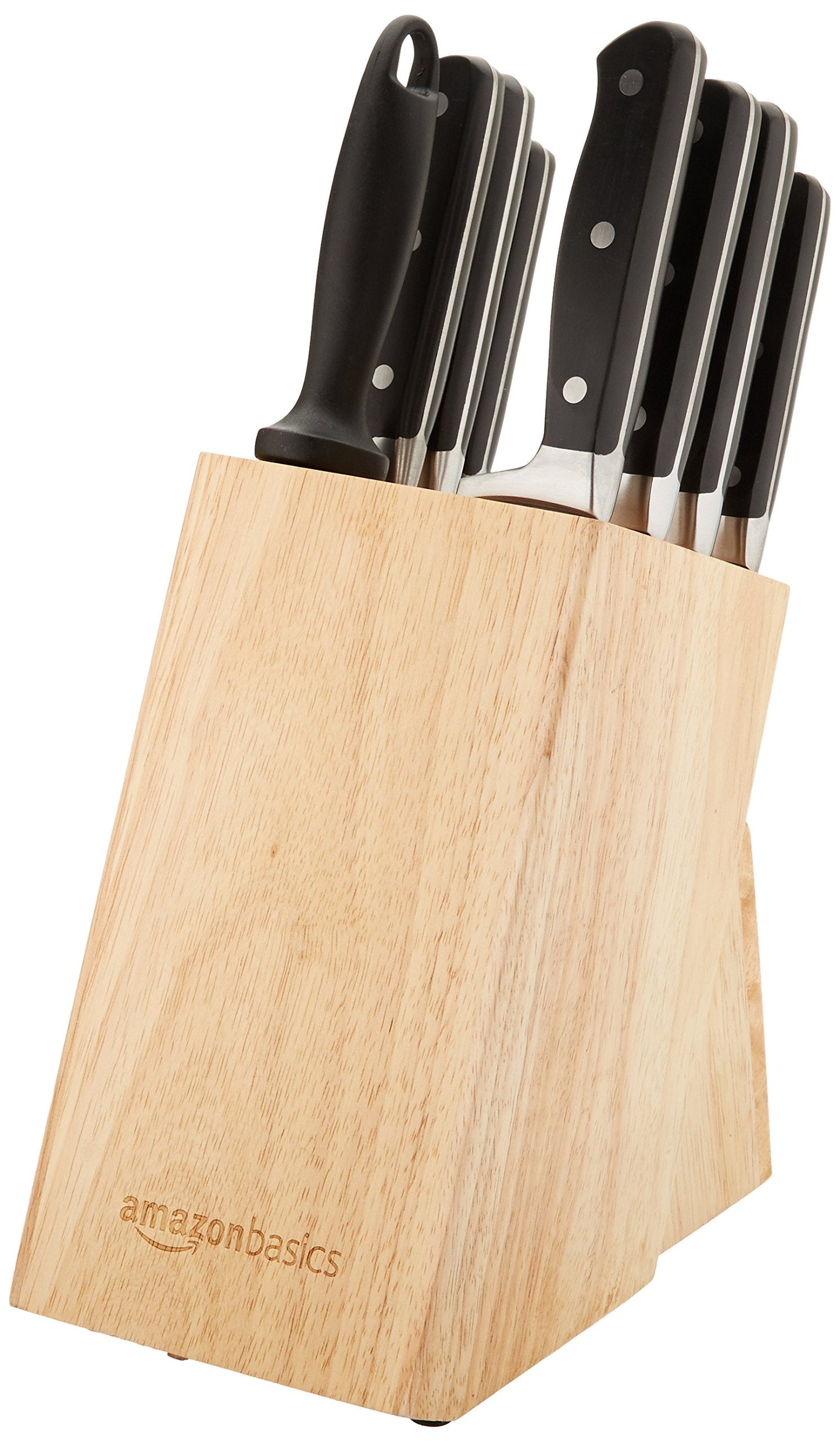 Amazon Basics 9-Piece High-Carbon Stainless Steel Kitchen Knife Set with Ergonomic Handles, Full Tang Construction, Pine Wood Block, Black