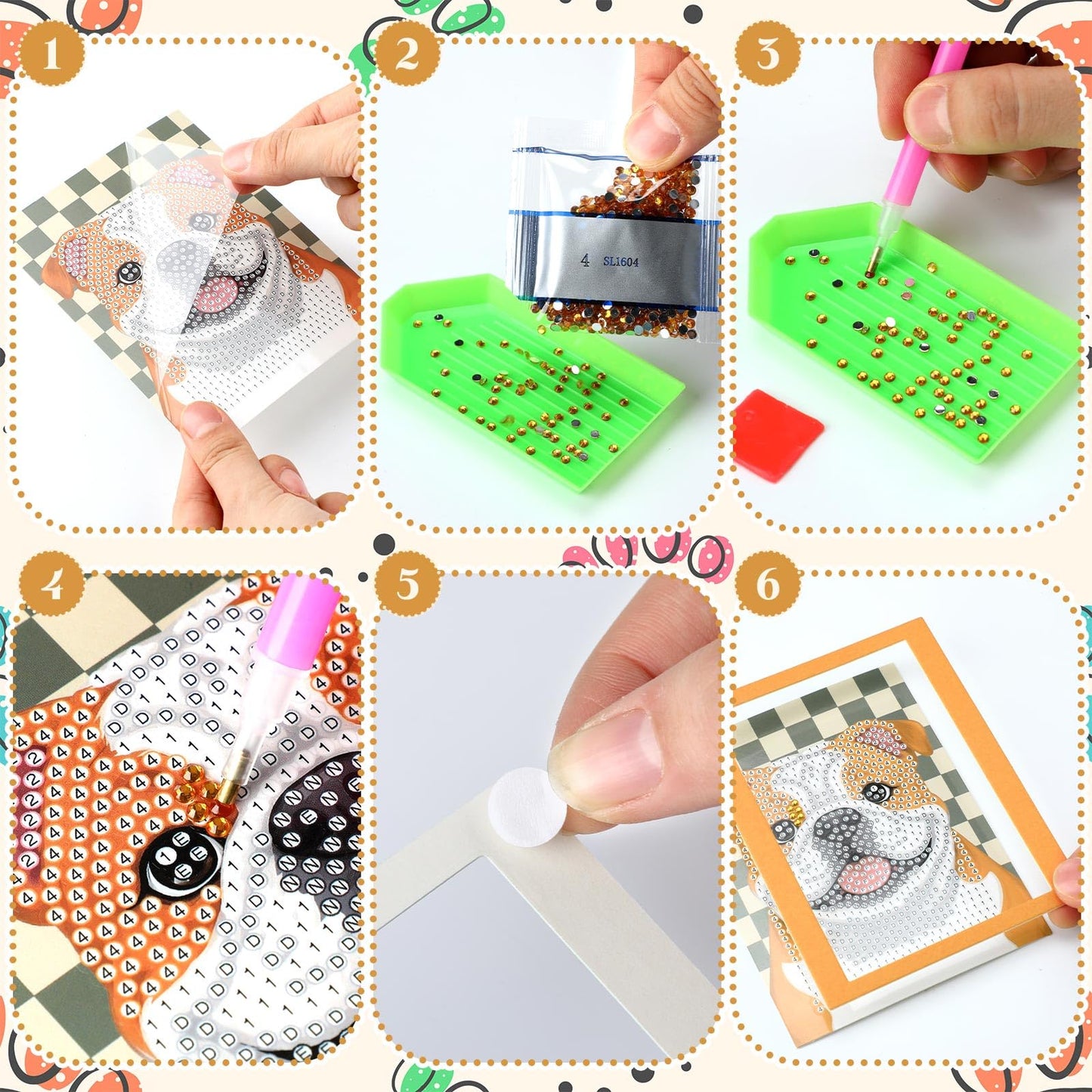 Saillong 24 Pcs Small Diamond Painting Kits Set Mini Diamond Art Set for Beginners, Full Paint Art 1-Hour Painting for Home Decor Desktop, 5.12x3.94 Inches(Cat and Dog)