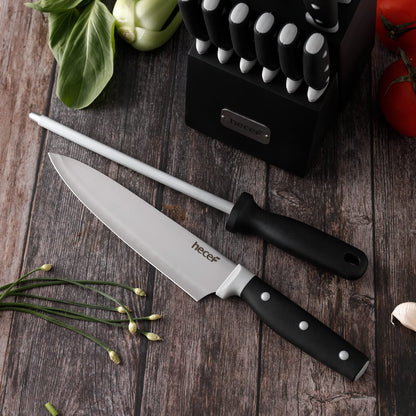 hecef Kitchen Knife Block Set, 14 Pieces Knife Set with Wooden Block & Sharpener Steel & All-purpose Scissors, High Carbon Stainless Steel Cutlery Set (Yellow)