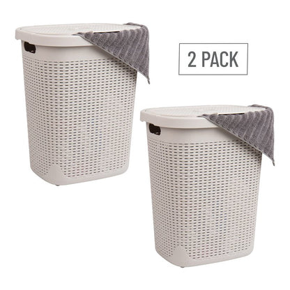 Mind Reader 50L Slim Laundry Hamper, Set of 2, Clothes Basket, Lid, Wicker Design, Plastic, 17.65"L x 13.75"W x 21"H, Ivory