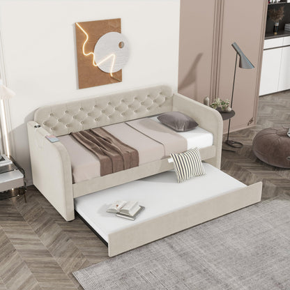 KEIKI Twin Upholstered Daybed with Trundle & USB Charging, Plush Velvet Button-Tufted Headboard Twin Bed Frame with Wood Slats, Sofa Bed for Living Room or Bedroom, Light Beige
