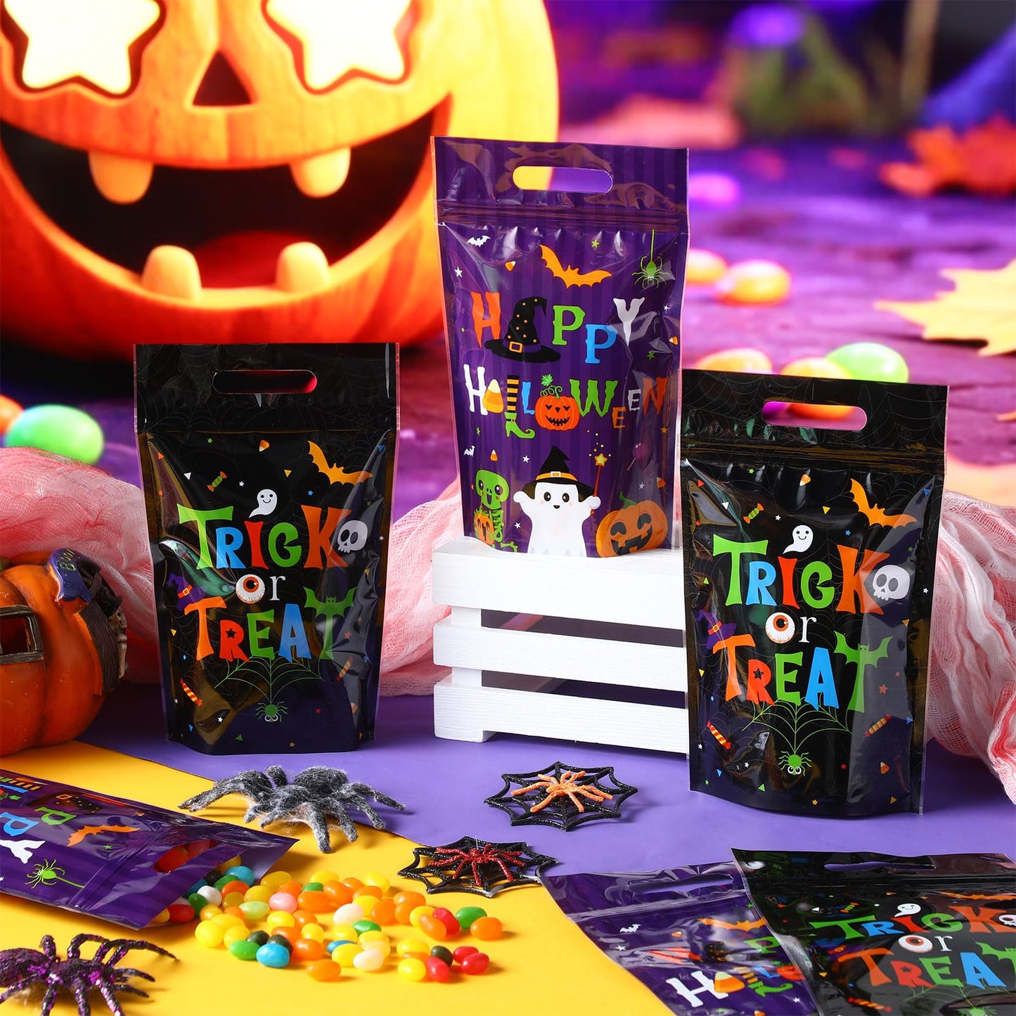 Pajean 50 Pcs Halloween Goodie Bags with Zipper Resealable Plastic Trick or Treat Candy Gift Bags Cute Ghost Pumpkin Skeletons Sealing Pouches for Halloween Party Favors Wrapping Supplies Decorations