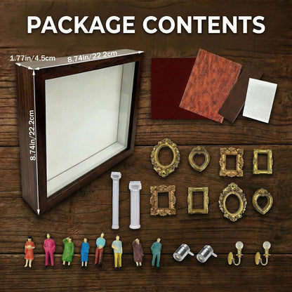 DIY Mini Museum Silhouette Box, Shadow Box Frame Set, Museum of Us Box with Gold Mini Picture Frames & Figurines for Mother's Day, Anniversary and Valentine's Day Gifts (Walnut Wood Color)