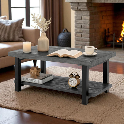 Alaterre Furniture Pomona Living Room 42 Inch Rectangular Solid Wood Coffee Table with Storage Shelf & Metal Legs – Modern Rustic Industrial Living Room Table (Slate Grey)