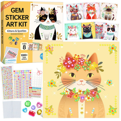 Gem Art Sticker Kit, Arts and Crafts for Kids Age 4-12, 8 Cat Themes Diamond Art Kit, Gemstone Sticker Crafts Christmas Birthday Gifts for Girls Ages 4,5,6,7,8 Year Old (Cat)