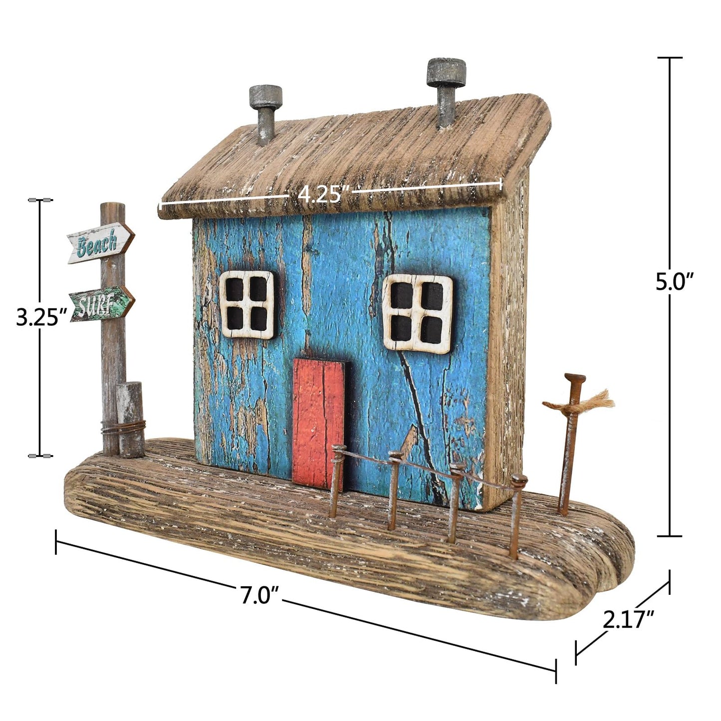 Veclotch Wood Miniature Nautical Table Sculptures Home Decor, Small Wooden House Figurine Garden Ornament Summer Mini House Statue with Beach Surf Sign