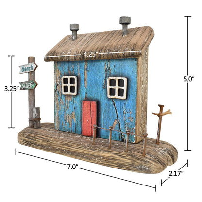 Veclotch Wood Miniature Nautical Table Sculptures Home Decor, Small Wooden House Figurine Garden Ornament Summer Mini House Statue with Beach Surf Sign