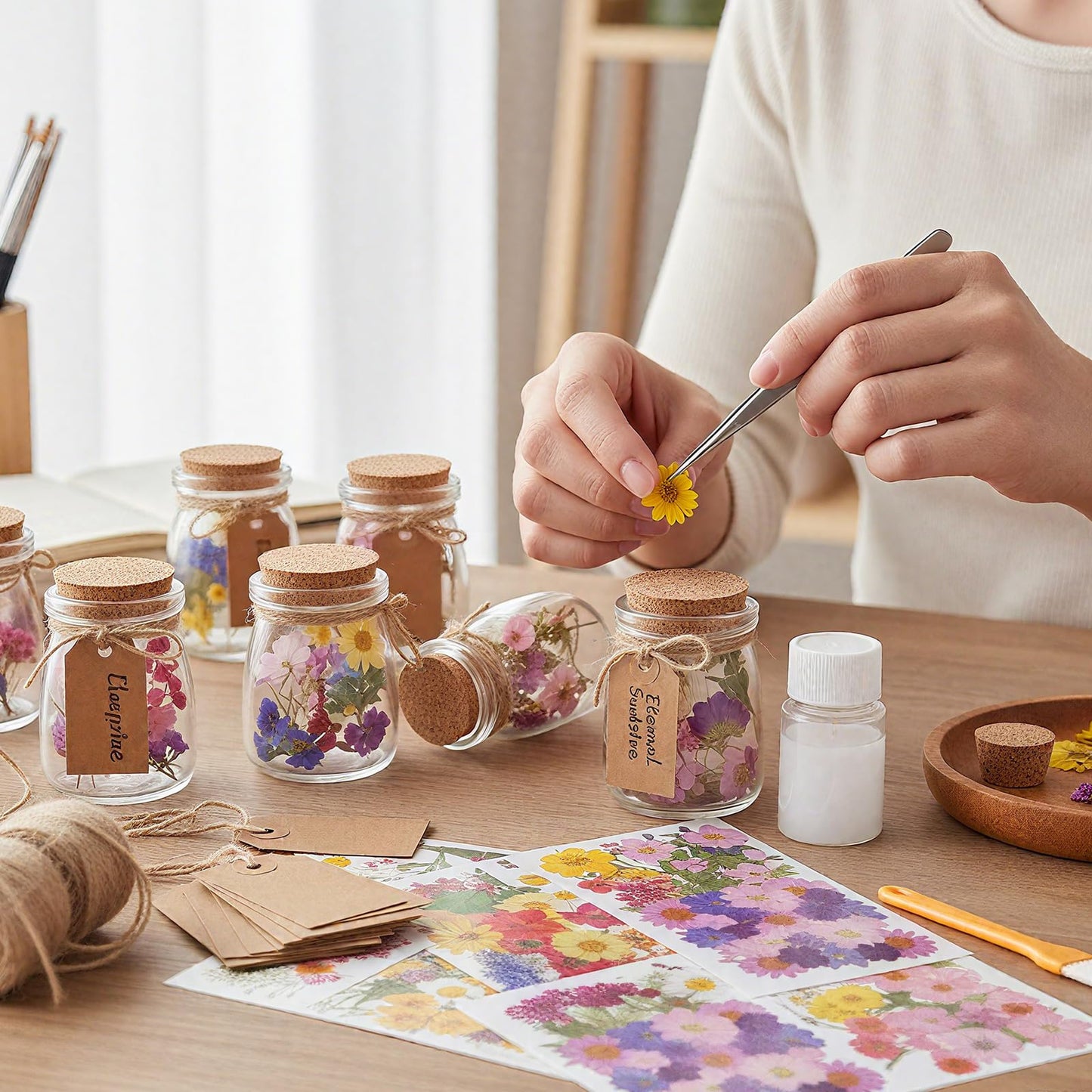 Mimorou 162 Pcs DIY Dried Pressed Flowers Mason Jar with Cork Lids Set 140 Natural Real Pressed Flowers 20 Small Glass Favor Jars 3.5 oz Making Favor for Wedding DIY Candle Craft