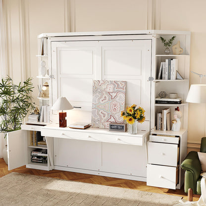 Merax Queen Murphy Bed with Desk and Storage, Hidden Wall Bed with Foldout Workstation, Shelves and Cabinets for Space-Saving Home Office, White