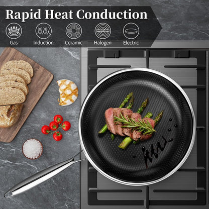 Innerwell Stainless Steel Frying Pans 11 Inch Titanium Ceramic Nonstick Frying Pans Hybrid Tri-Ply Nonstick Honeycomb Kitchen Cooking Pan Compatible with All Cooktops PFOA/PFAS/PTFE Free