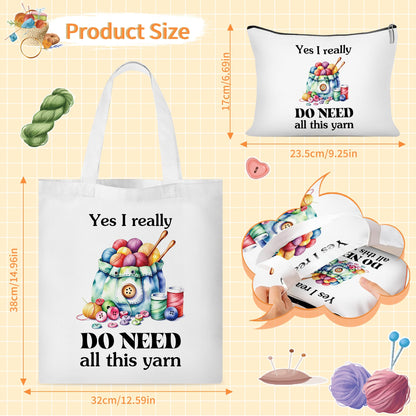 Canvas Crochet Tote Bag for Women - 2 Pcs Aesthetic Cosmetic Pouch Tote Bags, Yarn Pattern Fun Quote Design Reusable Grocery Bags, Gifts for Crochet Lovers Mom Friends