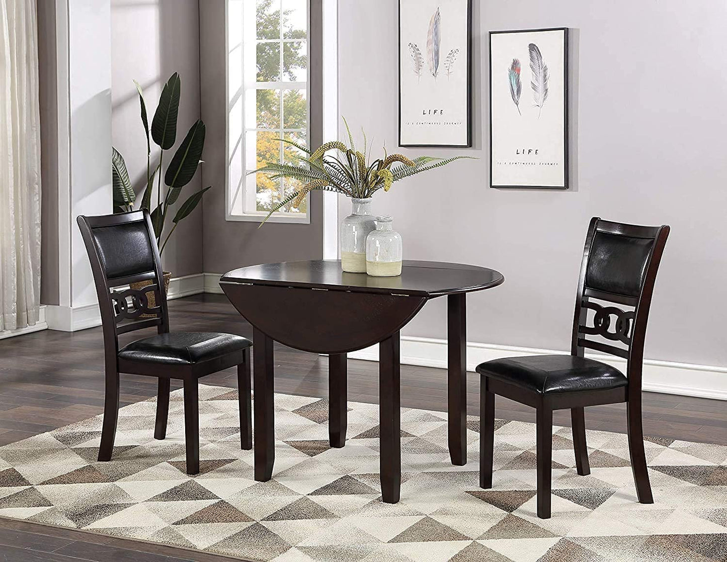 New Classic Furniture Gia 3-Piece Drop Leaf Dining Table Set with 2 Chairs, 42-Inch, Ebony