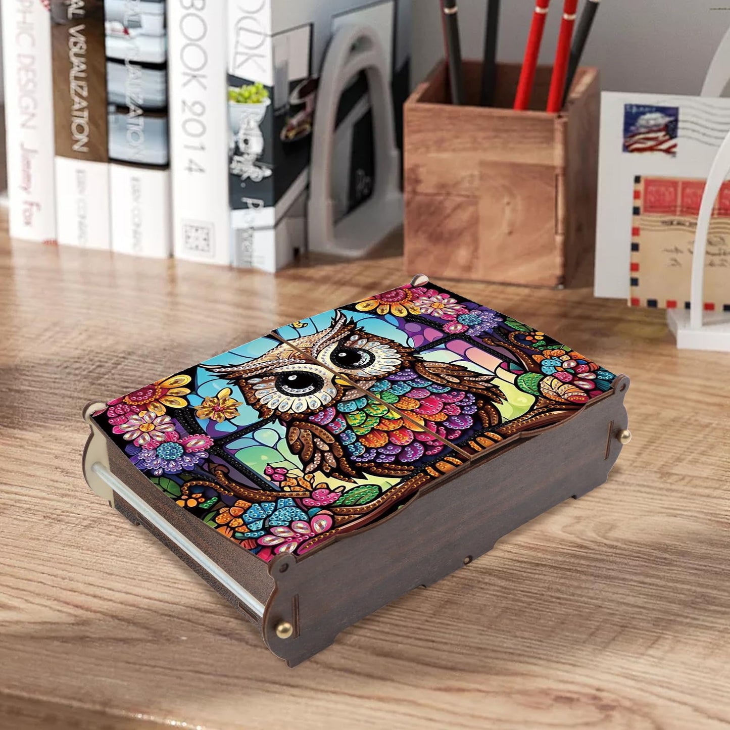 antor DIY Diamond Painting Wooden Storage Box, Owl Creative Special Shaped Rhinestone Art Flip Cover Jewelry Organizer Gift Case, Handmade Art Desktop Decor