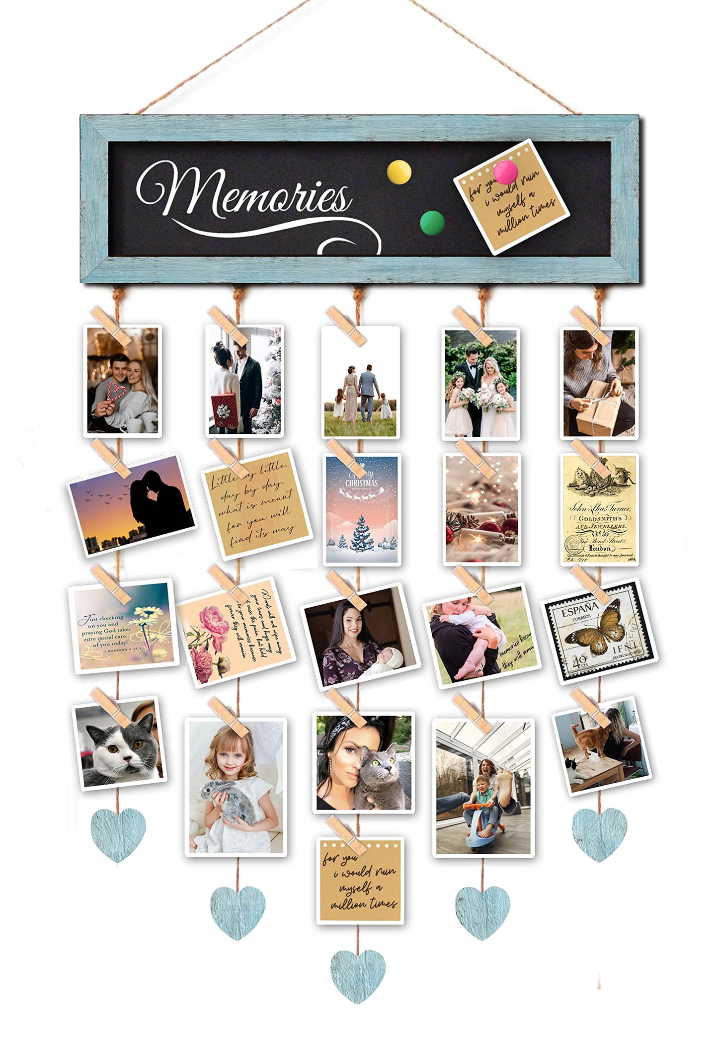 EXQUIDECA Picture Frames Collage Display Board with 30 Clips - Multi Photos Cards Organizer with Adjustable Twines and Magnetic Blackboard - DIY Wall Decor Hanging Picture Holder 15.7x5 Inches