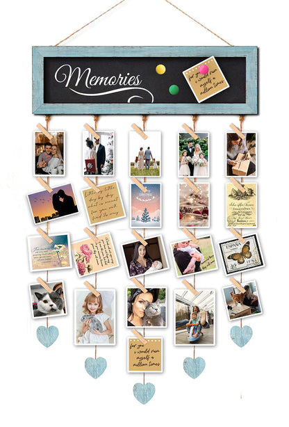EXQUIDECA Picture Frames Collage Display Board with 30 Clips - Multi Photos Cards Organizer with Adjustable Twines and Magnetic Blackboard - DIY Wall Decor Hanging Picture Holder 15.7x5 Inches