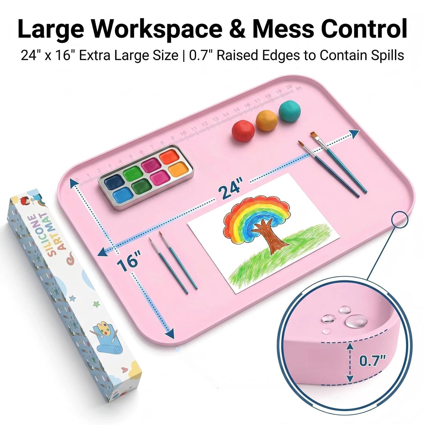 AWOKE 24"x16" Silicone Mats for Crafts with 0.7" High Edges, Large Leak-Proof Art Mat for Playdoh, Resin, Painting, Clay, Slime,Beads, Lego, Puzzle, Non-Stick & Non-Slip Table Protector for Kids, Pink