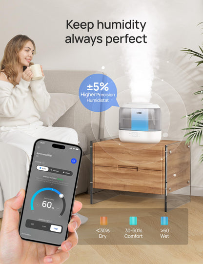 Dreo Smart Humidifiers for Bedroom, Top Fill 4L Supersized Humidifier Large Room with 28 dB, 36H Runtime, Touch/APP/Voice Control, Nightlight, Cool Mist Humidifiers for Baby, Plants, Indoor, Black