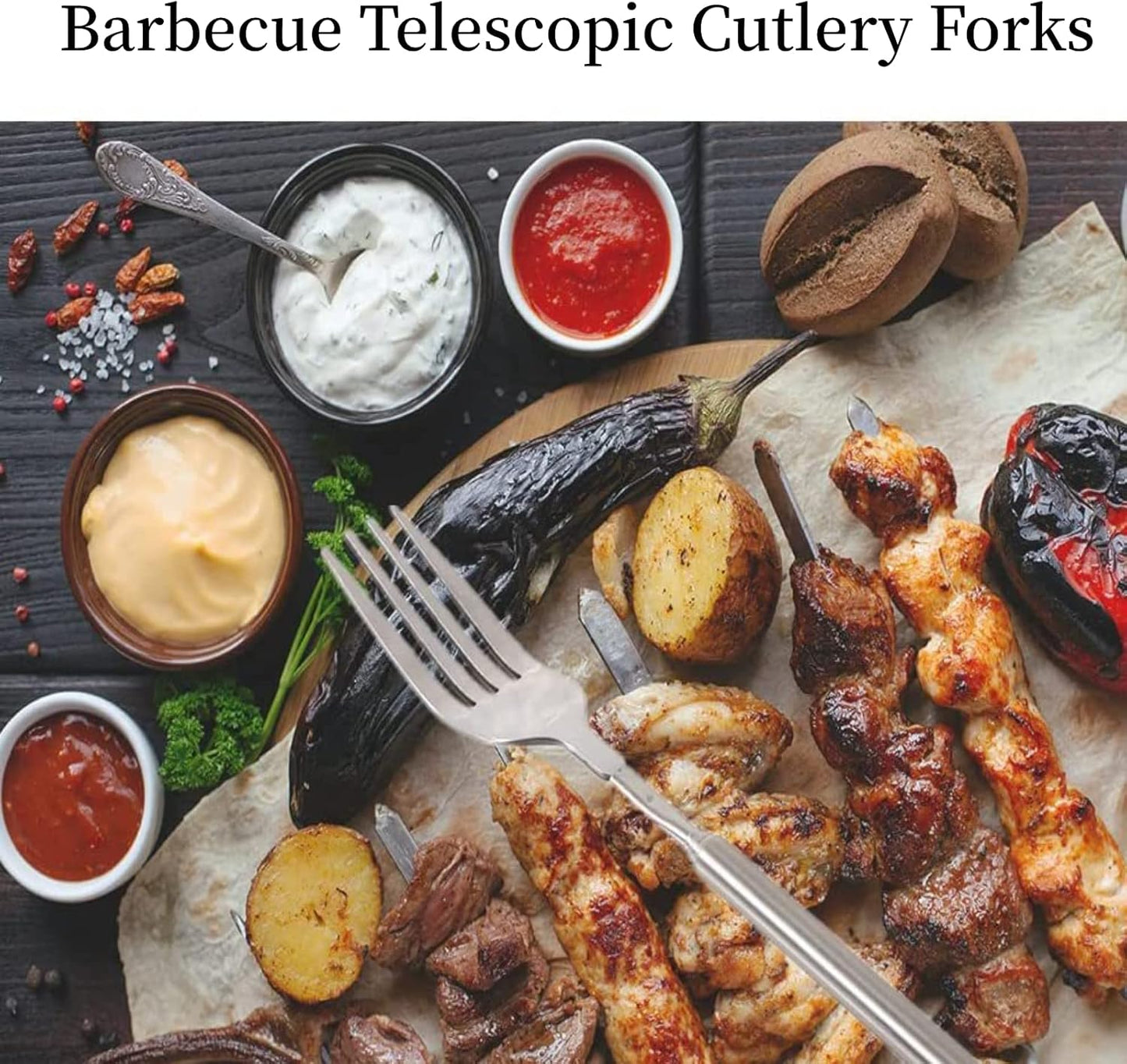 5Pcs Stainless Steel BBQ Telescopic Forks, 8.7-25.4 Inch Long Handle Cutlery for Barbecue, Toasting, Dinner