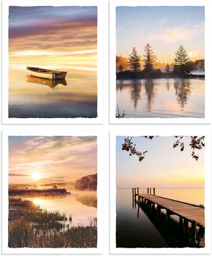 Color Play Lake Scene Wall Art - Sunset Nature Landscape Prints, Unframed 8x10 Inch 4 Piece Decor