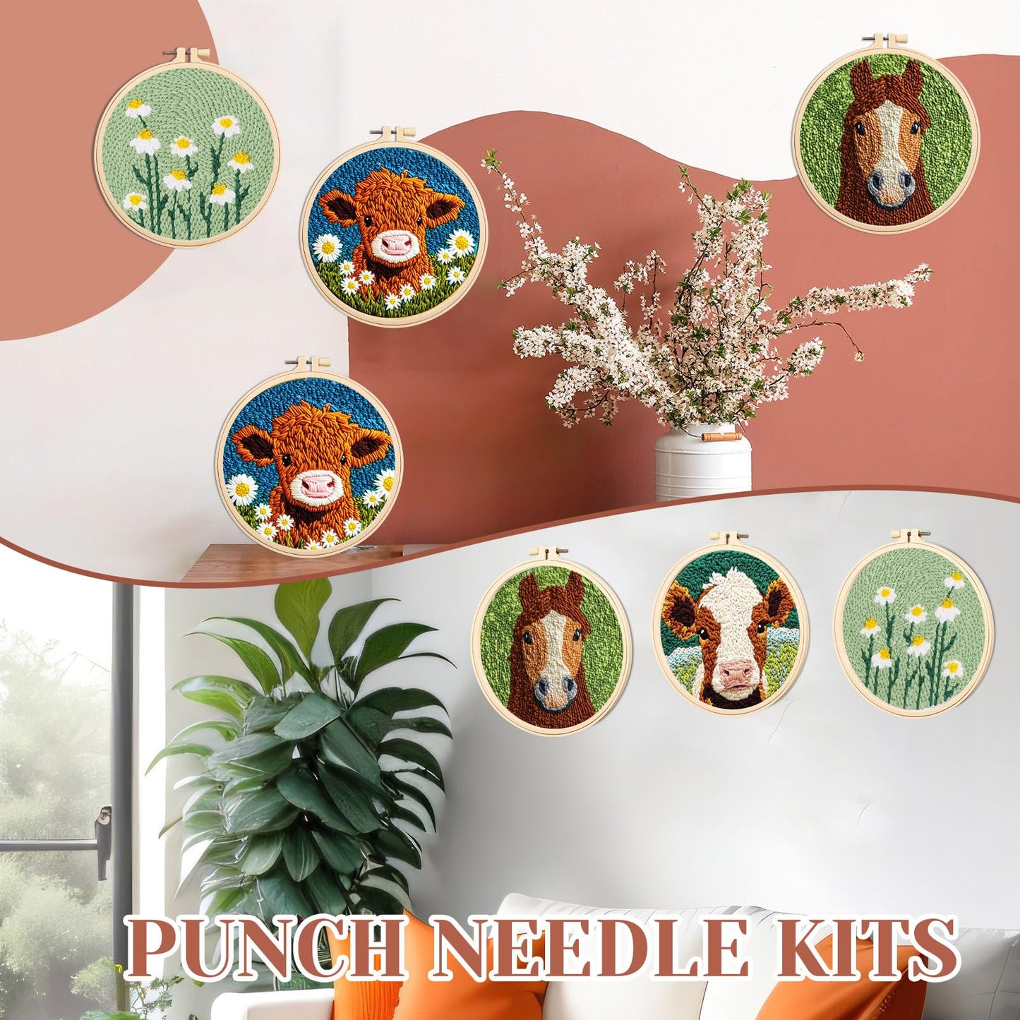 Hahafelt 3 Sets Punch Needle Kits, Punch Needle Kits for Adults Beginner, Highland Cow Daisy Flower Horse Punch Needle Tool with Punch Needle Fabric, Hoops, Yarns and Sewing Needles