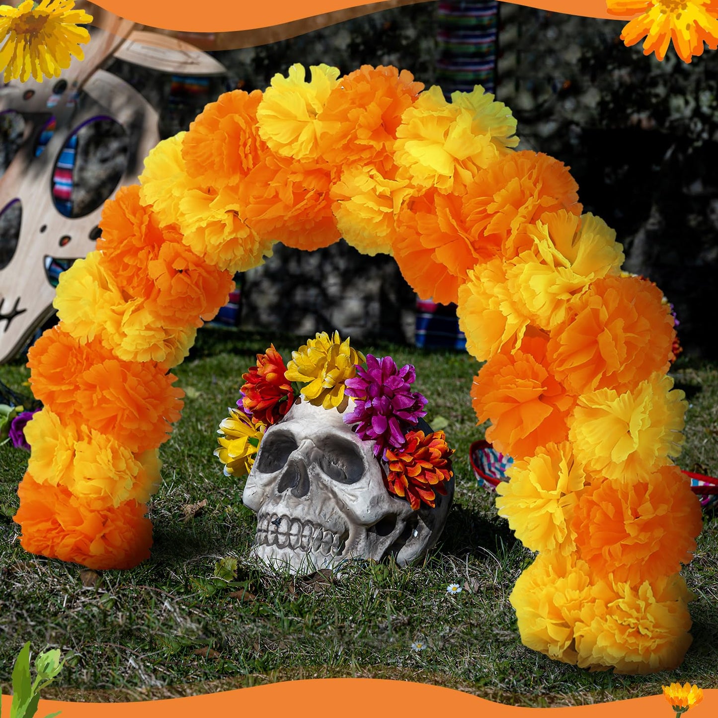 Canlierr Day of The Dead Marigold Arch Kit 24 Inches Wood Dia De Los Muertos Cemetery Grave Decorations Wooden Artificial Marigold Flowers Arch with Stake for Gravestone Graveyard Ground Outdoor