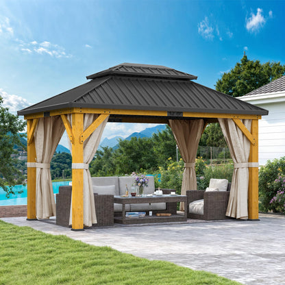 DWVO 11X13FT Gazebo Wood Outdoor Wooden Frame Double Roof Hardtop Galvanized Steel Top Canopy w/Curtain and Netting, Patio Heavy Duty for Deck, Backyard, Beige Yellow
