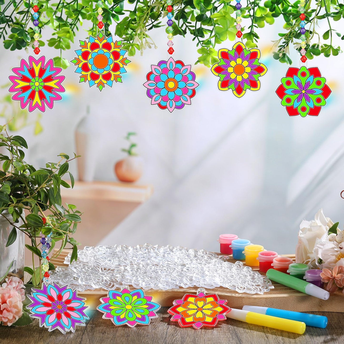 Sonwyoung 30 Sets Summer Mandala Suncatchers Craft Kits Easter Holi DIY Glow in The Dark Stained Glass Kit Paint Your Own Window Ornaments Art for Holiday Parties Home Decor and Creative Activities