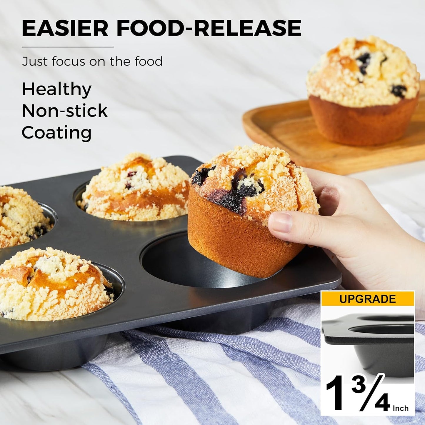 HONGBAKE Nonstick Jumbo Muffin Pan, 2 Pack Large Cupcake Tin for Baking, 3.5dia, 6 Cup, Extra Thick