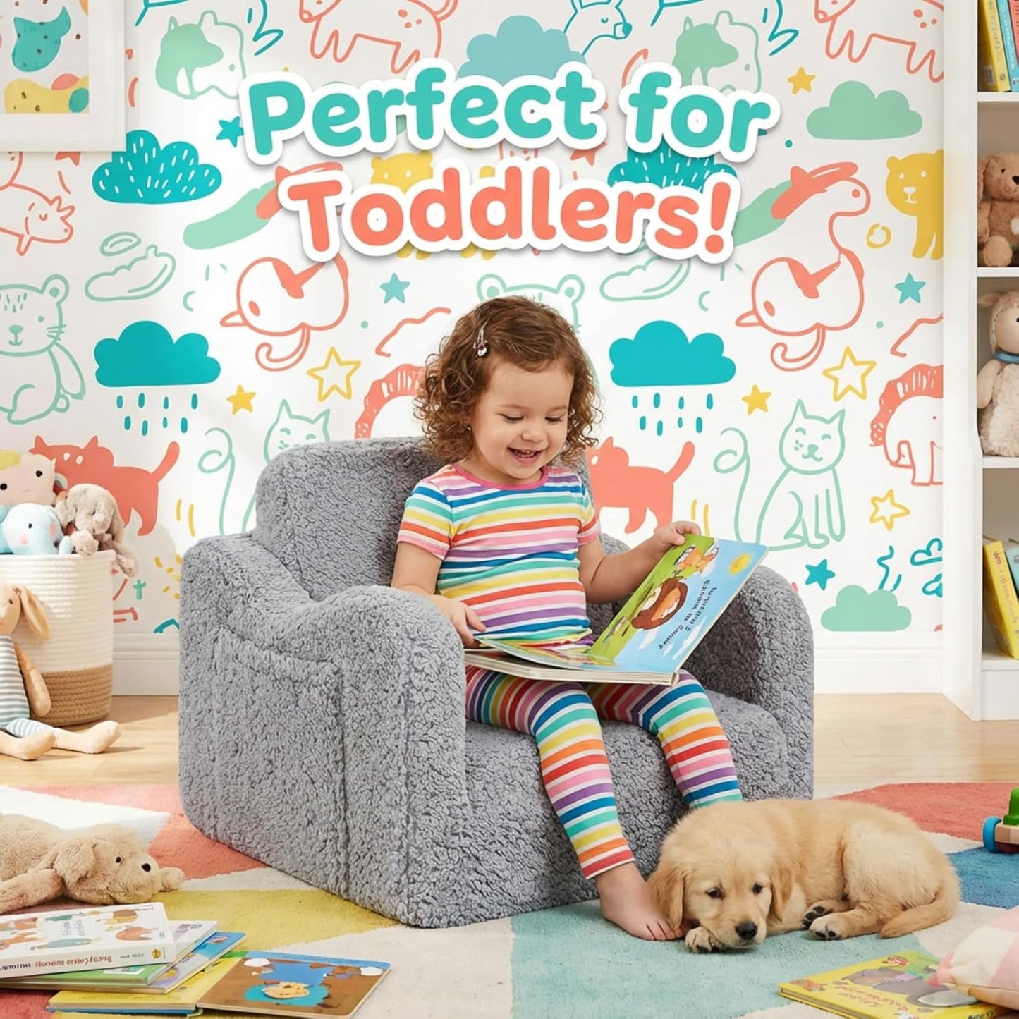 2-in-1 Kids Couch for Toddlers, Kids Sofa Chair, Comfy Soft Foldable Toddler Couch Chair for Girls and Boys