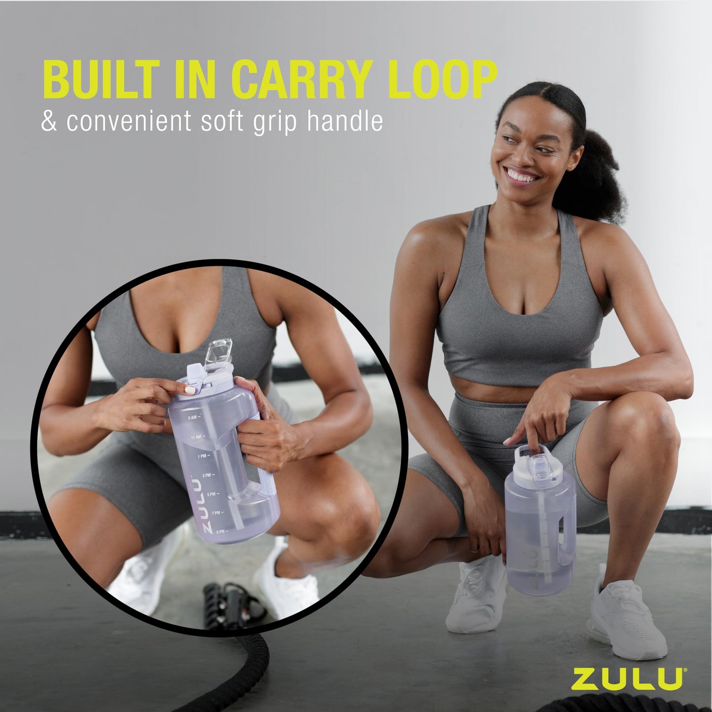 ZULU Goals 64oz Large Half Gallon Jug Water Bottle with Motivational Time Marker, Covered Straw Spout and Carrying Handle, Perfect for Gym, Home, and Sports, Grey