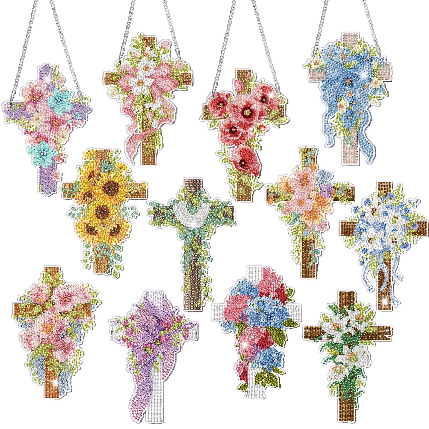 AmazingSpark 12 Pcs Spring Hanging Diamonds Art Kit, 5D DIY Cross Flowers Diamond Painting Pendant Ornament, Religious Diamond Art Kits for Adults Spring Summer Christian Gifts Home Office Wall Decor