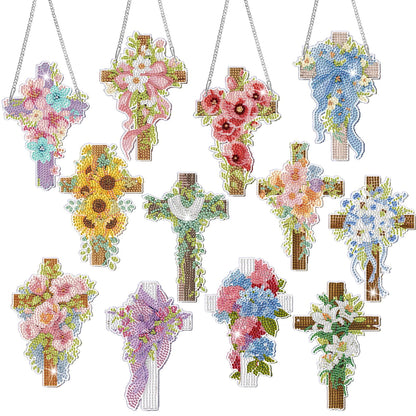 AmazingSpark 12 Pcs Spring Hanging Diamonds Art Kit, 5D DIY Cross Flowers Diamond Painting Pendant Ornament, Religious Diamond Art Kits for Adults Spring Summer Christian Gifts Home Office Wall Decor