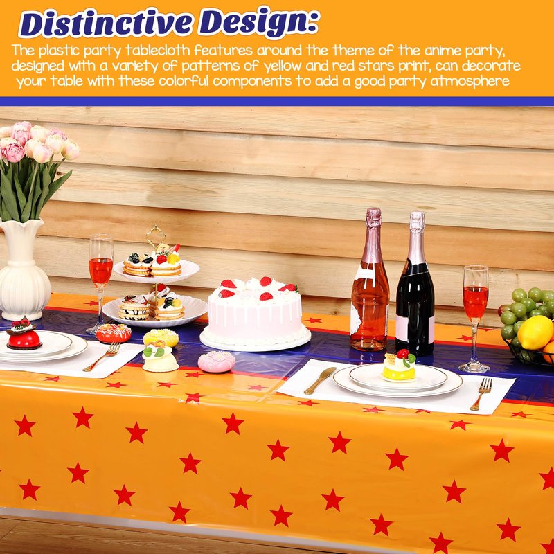 Oudain 3 Pcs Anime Theme Tablecloth 108 x 54 Inches Cartoon Table Covers Yellow Blue and Red Stars Print Table Cloth for Birthday Party Decoration