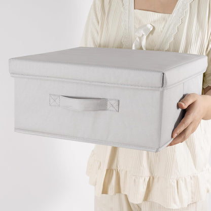 Set of 3 Light Grey Collapsible Storage Bins with Lid, Stylish Closet Organizers for DVD Storage (14.2" L x 12.6" W x