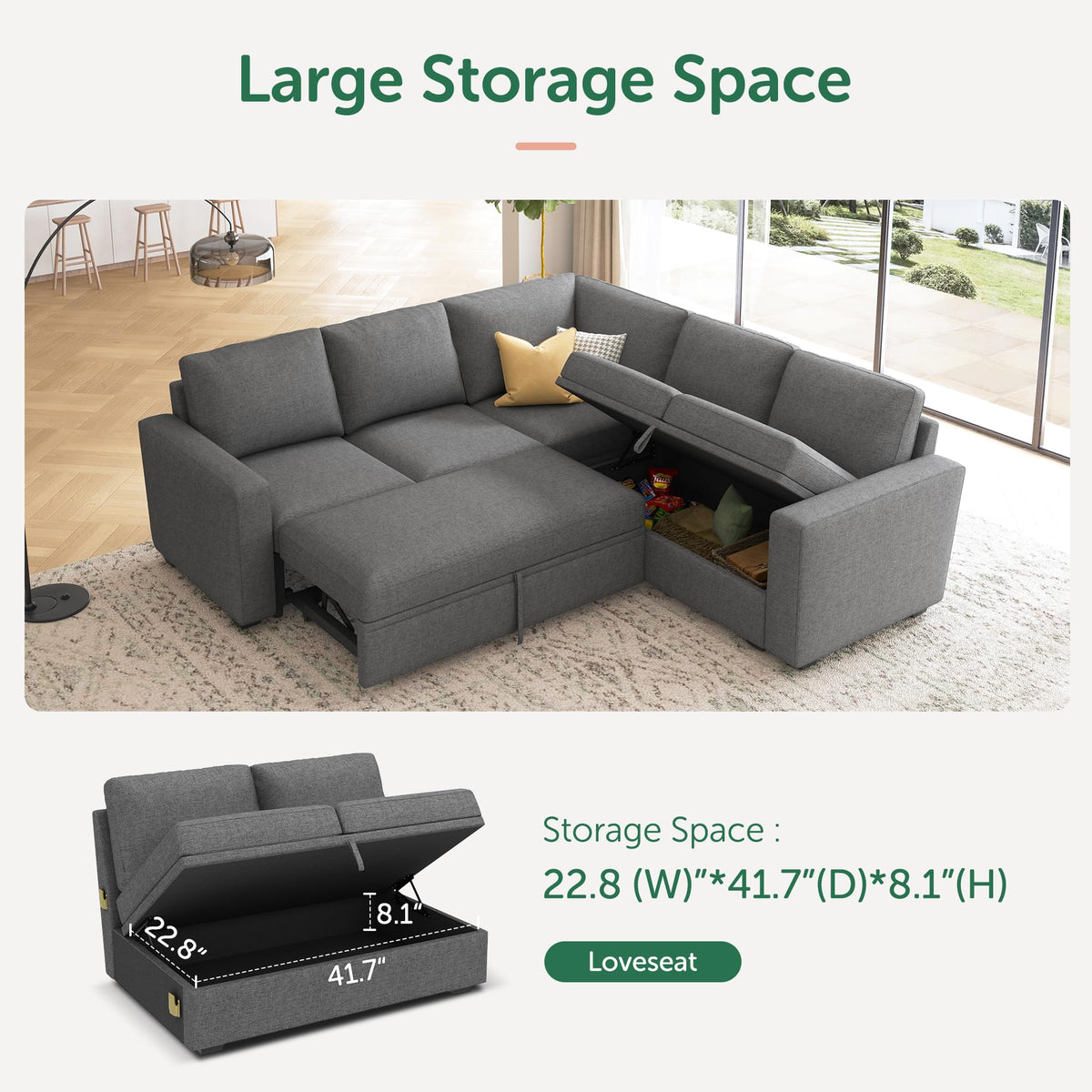 HONBAY Sectional Sleeper Sofa with Pull Out Bed, L Shaped Couch with Storage Seat, Modular Sectional Couches for Living Room, Dark Grey