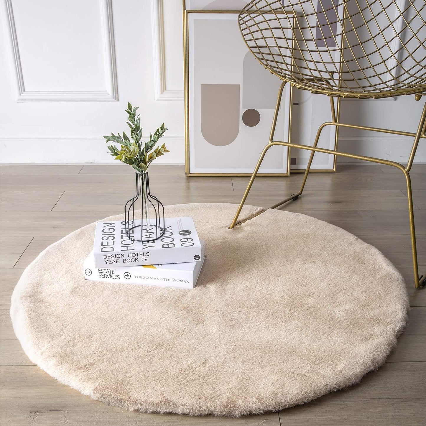 Ashler Ultra Soft Faux Rabbit Fur Rug, 3 x 3 Feet Round, Beige, Machine Washable Nursery Decor
