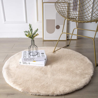 Ashler Ultra Soft Faux Rabbit Fur Rug, 3 x 3 Feet Round, Beige, Machine Washable Nursery Decor