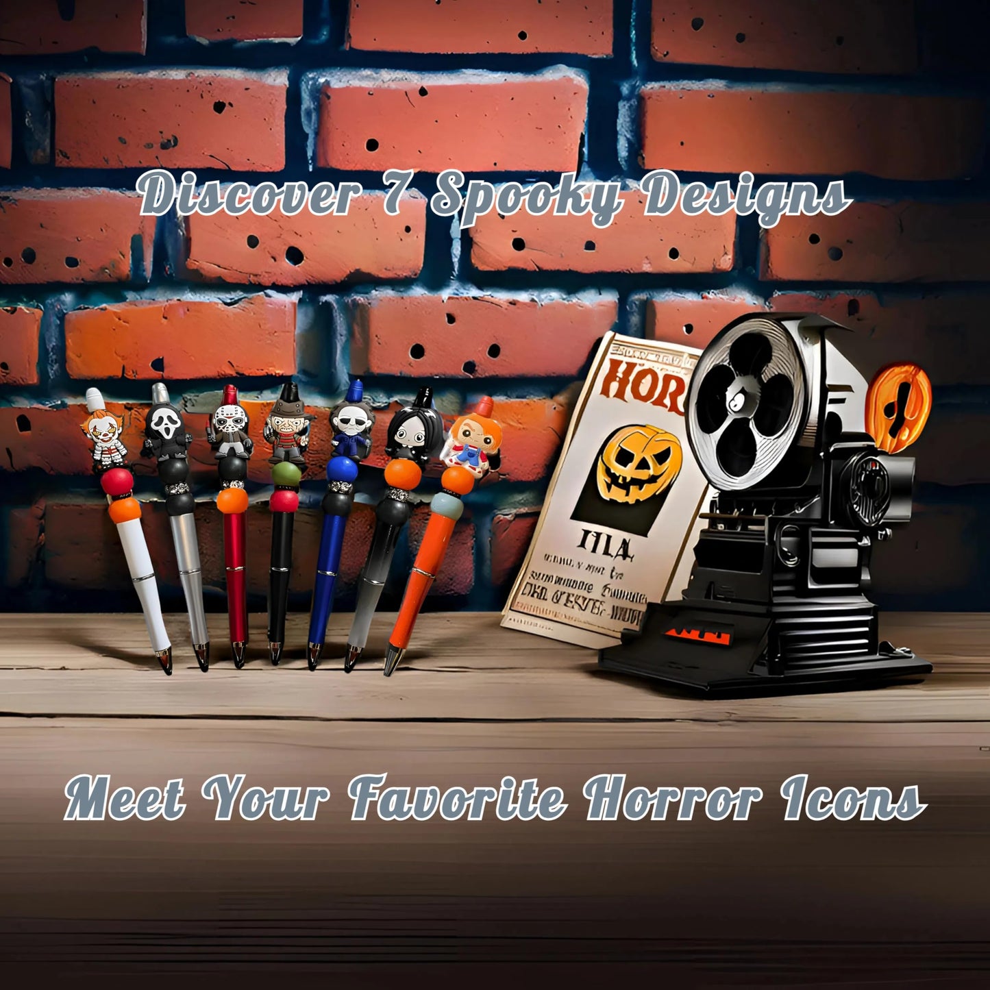 YUERVIEW 7PCS Refillable Horror Movie Pens with Clear Box – Spooky Gift for Horror Fans,Halloween Beadable Pens for School,Office,Party – Novelty Desk Accessories with 10 Black Ink Refills