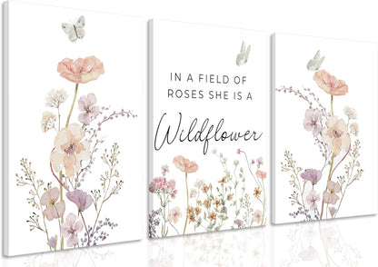 Dawaqwe 3PcsFramed Wildflower Nursery Canvas Wall Art Flower Botanical Sentence Poster Pink Watercolor Floral Girl's