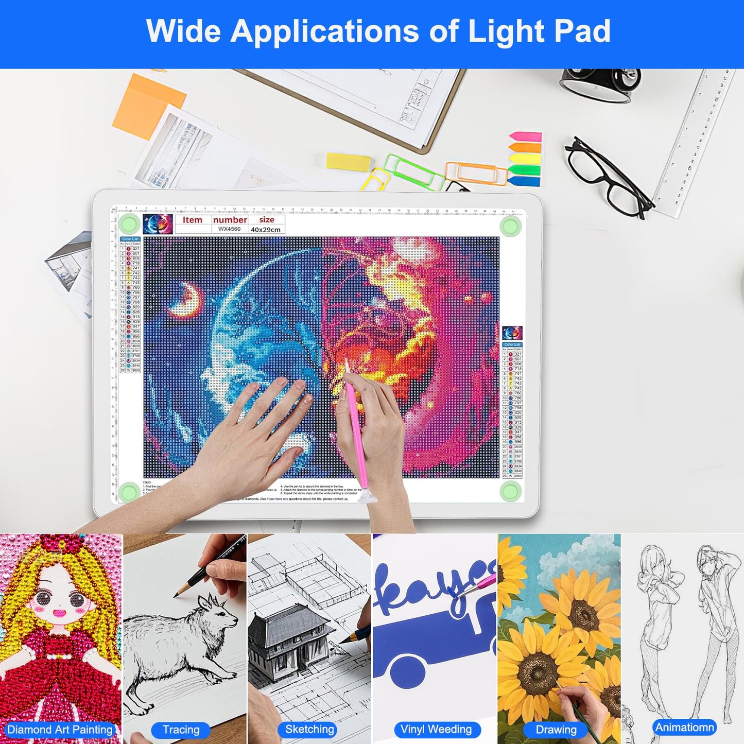 Elice Rechargeable A3 Light Pad for Diamond Painting, Magnetic LED Light Board with Physical Button, Super Bright Diamond Art Light Pad, Ultra-Thin Light Box for Tracing, Weeding Vinyl, Artists -White