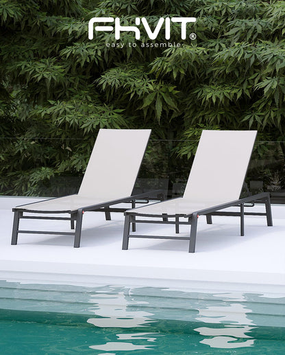 Aluminum Chaise Lounge Chair Outdoor, Foldable Patio Lounge Chair 2 Sets Assemble-Free, Pool Lounge Chairs with 5 Adjustable Backrest, Outdoor Lounge Chairs for Outside Poolside Beach Lawn Beige