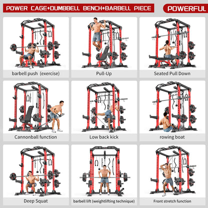 Power Rack Power Cage Multi-Function Squat Rack with Cable Crossover System Selectable More Training Attachment Power Rack for Garage & Home Gym (Red, C Set L01+Weight Bench+（Pole+Cast Iron） 248LBS)