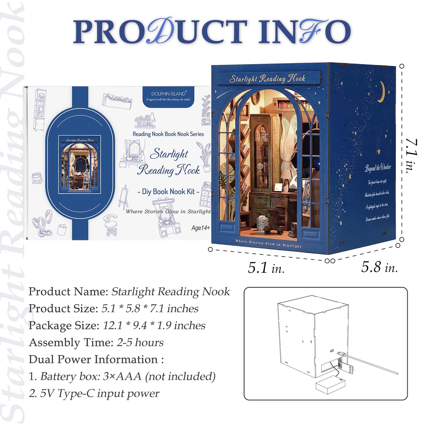 Dolphin Island DIY Book Nook Kit for Adults, 3D Wooden Puzzle Booknook Miniature House Kit (Starlight Reading Nook)