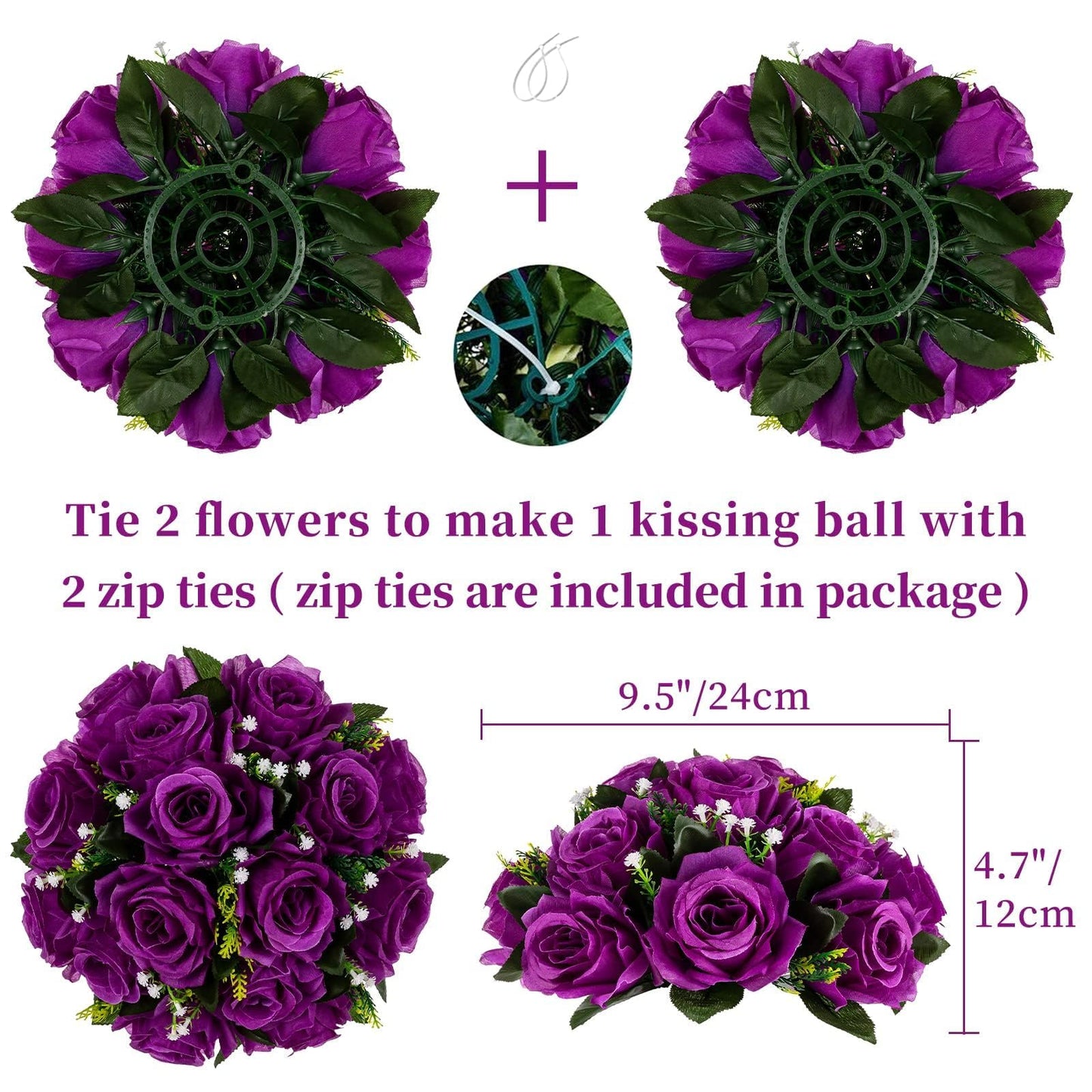 BLOSMON Flower Balls Wedding Rose Centerpieces: 2 Pcs Fake Flowers with Base White Kissing Balls Decor White Artificial Floral Arrangements Flower Bouquet of Roses Home Party Table DIY Decorations