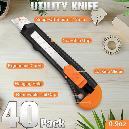 TIFICAL 40 Pack Box Cutter Retractable Bulk, Box Cutters, Utility Knife, Box Cutter for Paper, Cardboard, Plastic, Leather, Razor Knife, 18mm Wide Blade,Retractable Heavy Duty