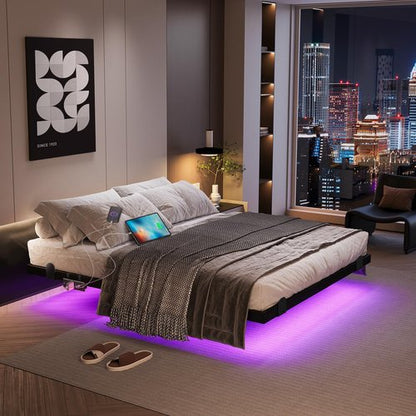 AGXI Floating Bed Frame with LED Lights and Charging Station, 14 Inch King Size Floating BedFrame - Modern King Size Bed Frame Easy Assembly No Box Spring Needed