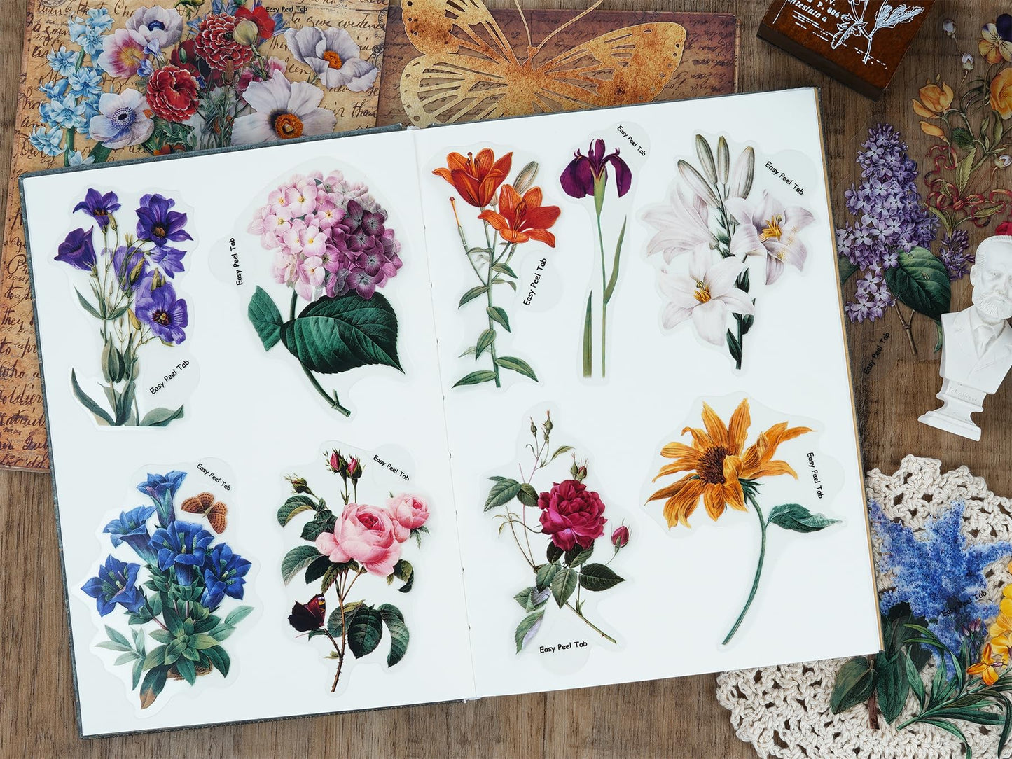 Knaid 100 Pieces Vintage Flower Stickers Set - Big 3.4" Waterproof Clear Botanical Floral Journaling Sticker for Scrapbooking Junk Journal Supplies Bullet Journals Planner Collage Laptop Paper Crafts